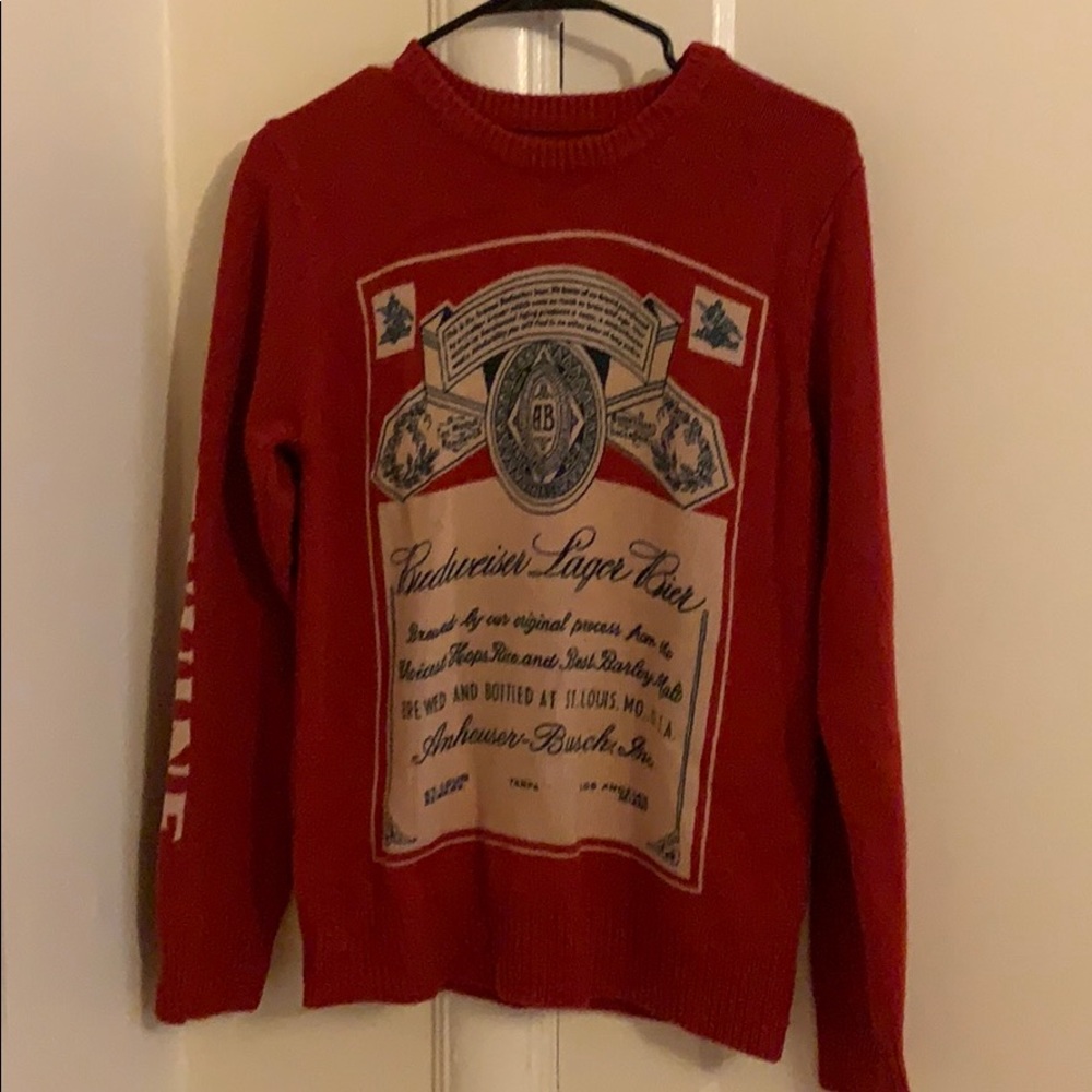 Red long sleeved crew neck knit Budweiser sweater